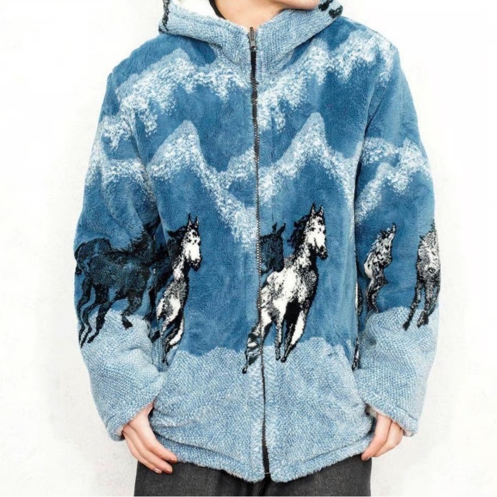 Nordic Lights Horse Equestrian Blue Reversible Fleece Jacket Coat Medium Vintage